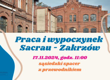 plansza ze zdjęciem zabudowań browaru i napisem "Praca i wypoczynek Sacrau - Zakrzów"